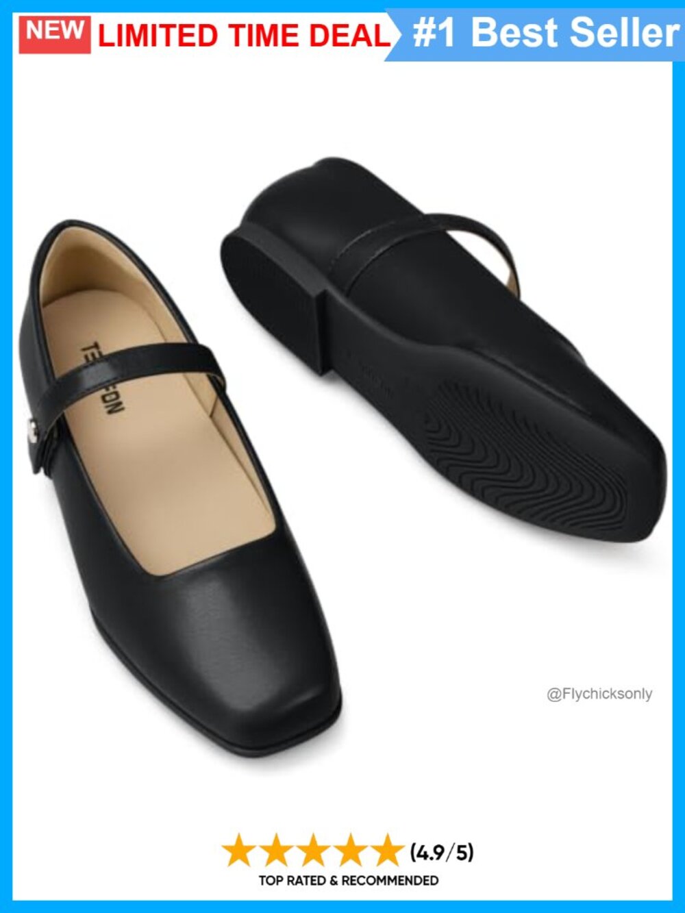Mary Jane Ballet Flats Square Toe Cushioned Arch Support Womens